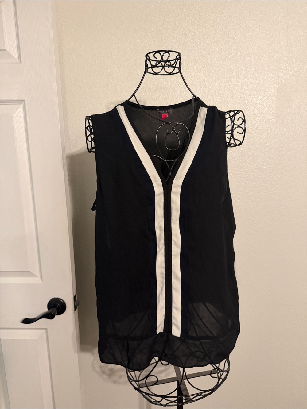 Vince Camuto Black Sleeveless V-Neck Camisole with White Front Stripes